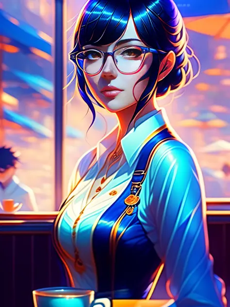 cute girl in blue dress black hair black wayfarer glasses sitting psychedelic patterns inside cafe holding cup of coffee with ba...