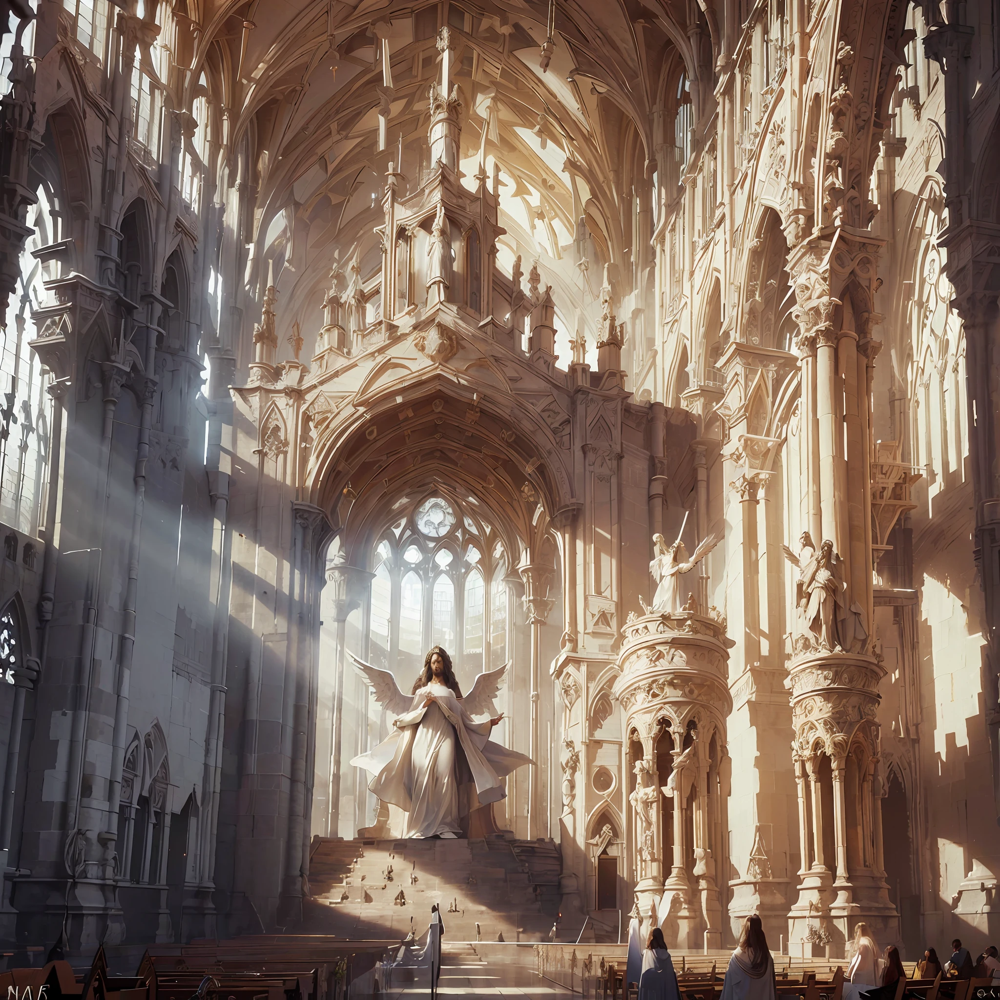 Innerer Teil einer Kathedrale, mit Bildern von Engeln Gott, Jesus Christus in menschlicher Gestalt, glittering white linen dress, Surreale göttliche Umgebung, 16k, Ruhm, Göttlicher Glanz, Realismus, --auto --s2