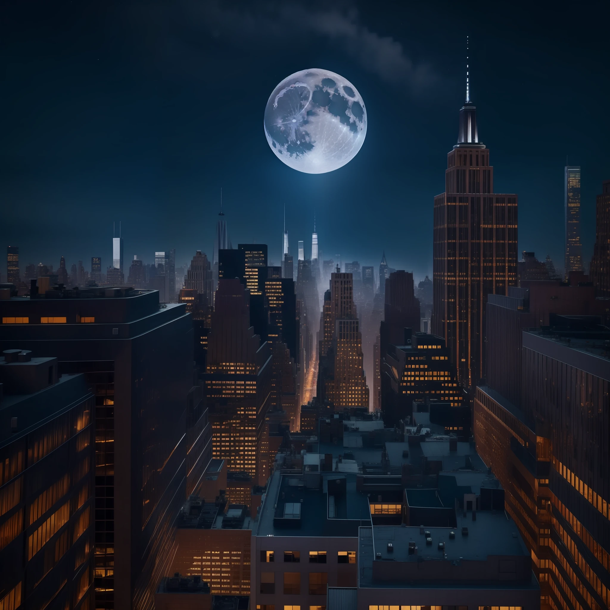 Imagine the roof of a building in the middle of New York City, with a view from the front, with a large moon in the background, at night, many buildings around, a camera angle of front and medium height, with cinematic lighting, ultra realistic, 8K