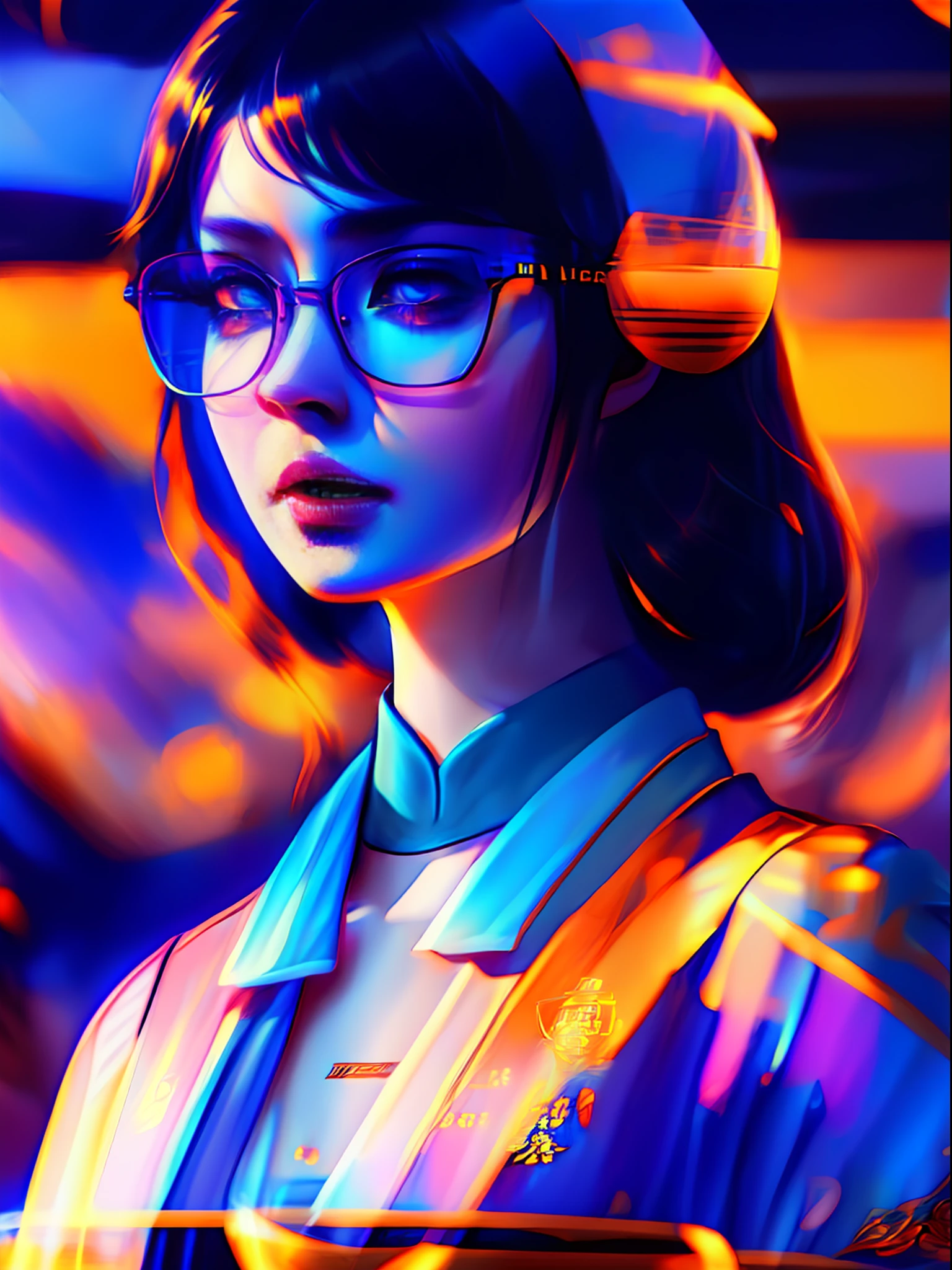 cute girl in blue dress black hair black wayfarer glasses sitting psychedelic patterns inside cafe holding cup of coffee with background by greg rutkowski makoto shinkai kyoto animation key art feminine mid shot, professional ominous concept art, by artgerm and greg rutkowski, an intricate, elegant, highly detailed digital painting, concept art, smooth, sharp focus, illustration,