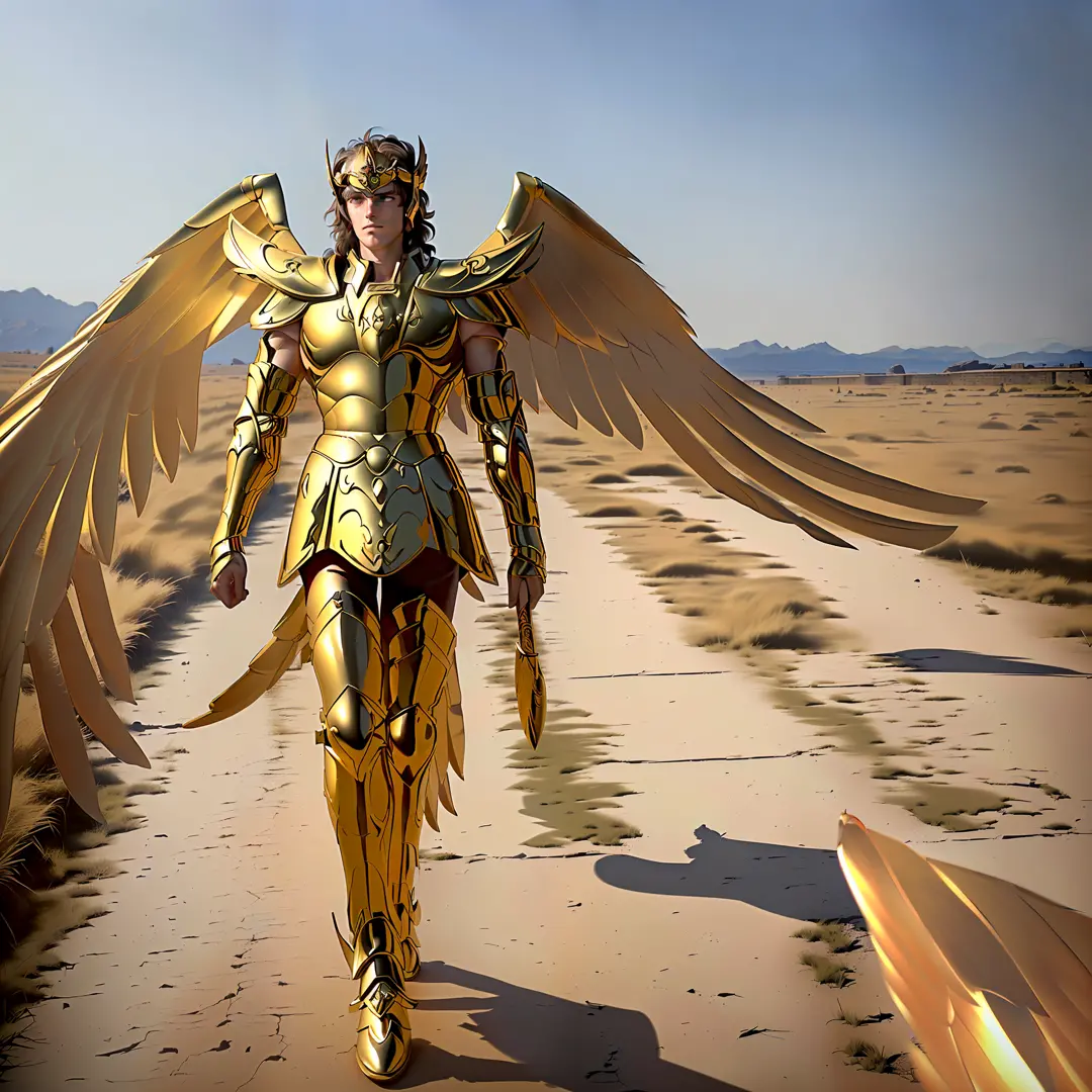 masterpiece, best quality, masterpiece, detailed face, detailed eyes, full body, 1boy, SagittariusArmor, male armor, long golden wings, walking on the ancient Greek battlefields, (8k, RAW photo, best quality, masterpiece: 1.2 ), solo focus, wings, sky,