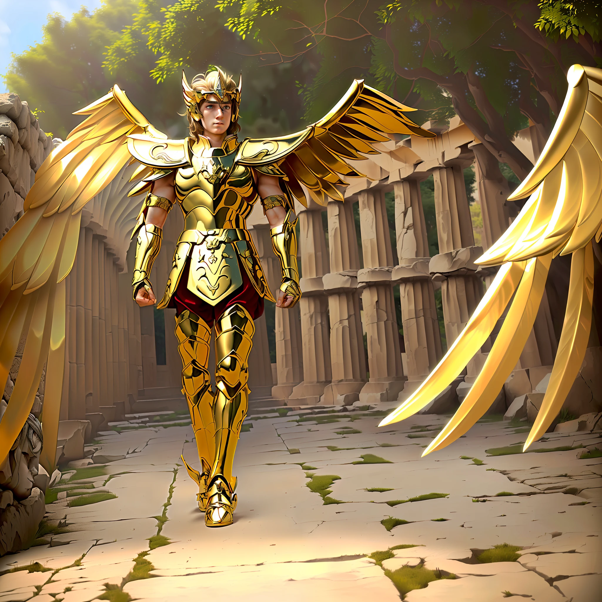 masterpiece, best quality, masterpiece, detailed face, detailed eyes, full body, 1boy, SagittariusArmor, male armor, long golden wings, walking on the ancient Greek battlefields, (8k, RAW photo, best quality, masterpiece: 1.2 ), solo focus, wings, sky,