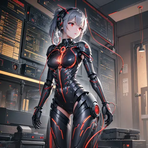 (((masterpiece))), (((best quality))), ((ultra-detailed)), (highly detailed CG illustration), ((an extremely delicate and beautiful)),cinematic light,((1Police officer girl)),solo, full body, dark mechanical body, (machine made joints:1.2),((machanical lim...