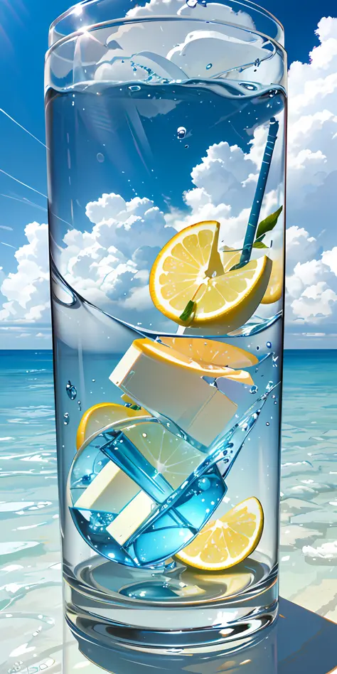 Closeup, glass, middle view is the beach, distant view is the sea, highest light, highest quality, midday sun, diffuse, surreal. Macro photography depicts a picnic scene on the theme of summer tropical beach vacation. This photo features two cool glasses f...