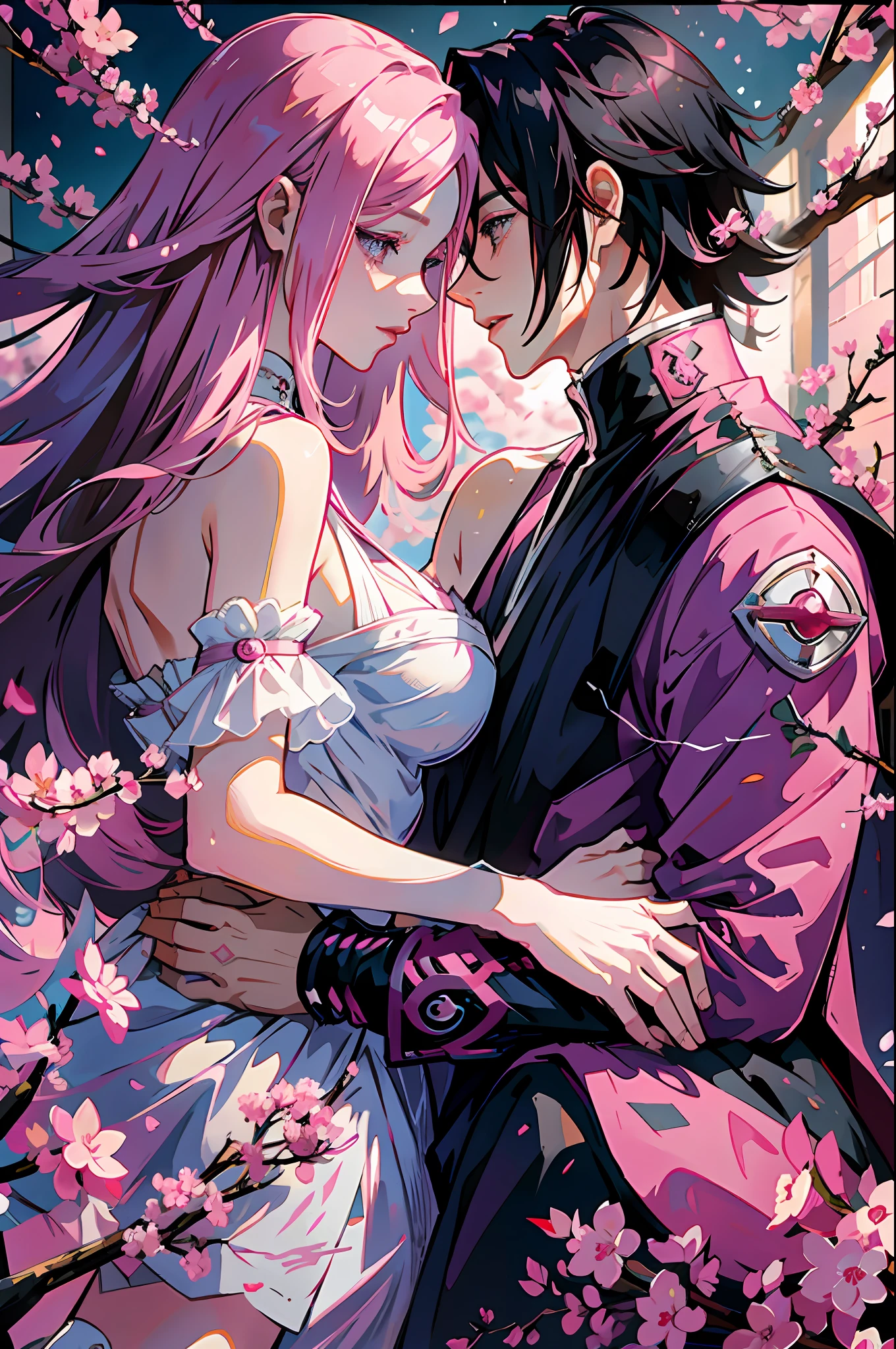 Pink haired woman lying in the arms of a black haired man, royalty, nobility, princess, elegant, kiss, high quality, couple, kiss, ((sasuke and sakura)). man and woman, staring at each other
