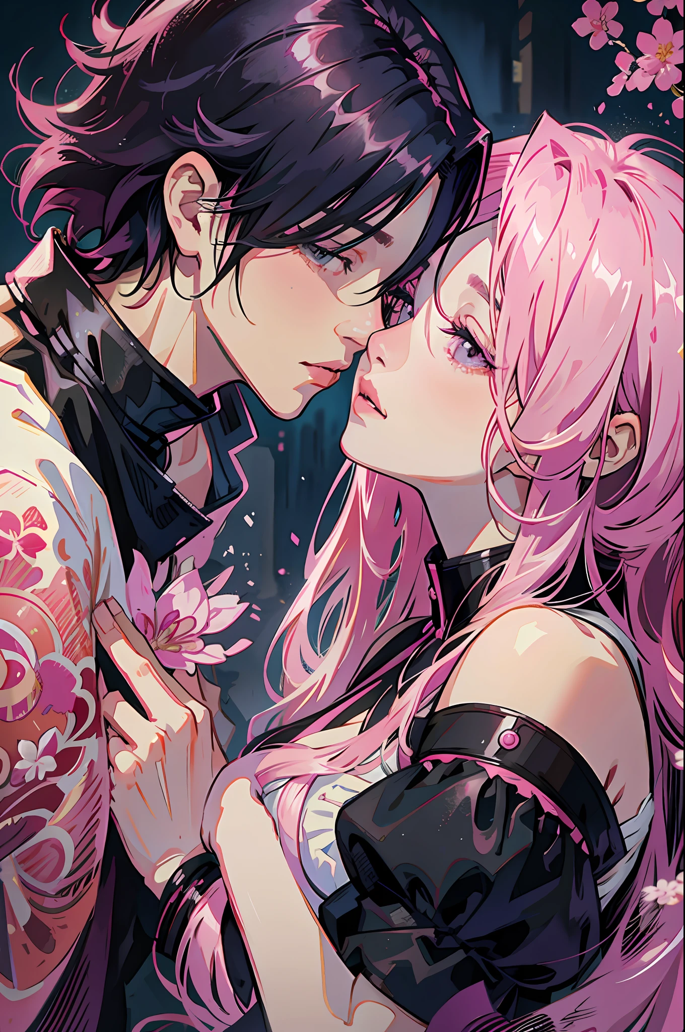 Mujer de cabello rosado acostada en los brazos de un hombre de cabello negro, realeza, Nobleza, princesa, elegant, beso, alta calidad, pareja, beso, ((sasuke and sakura)). hombre y mujer, Mirándose el uno al otro