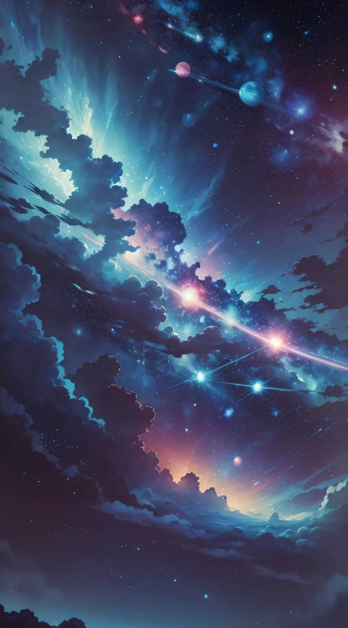 espace avec toutes les planètes de couleur bleue et rose avec fond d&#39;étoiles blanches brillantes dans le style de Miyazaki, -avec 21:9 --auto --s2