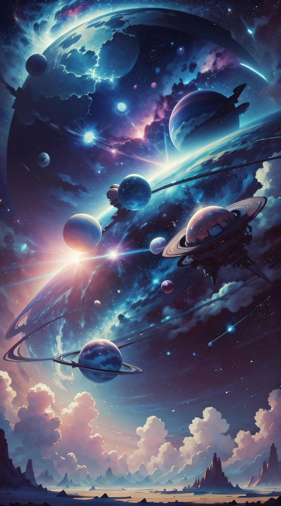 Weltraum mit allen Planeten in Blau und Rosa mit leuchtend weißen Sternen im Hintergrund im Stil von Miyazaki, – mit 21:9 --auto --s2