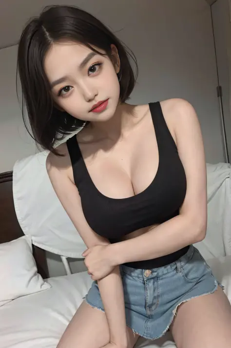 17-year-old cool Korean, big round breasts, cleavage, cropped tank top,  skirt - SeaArt AI