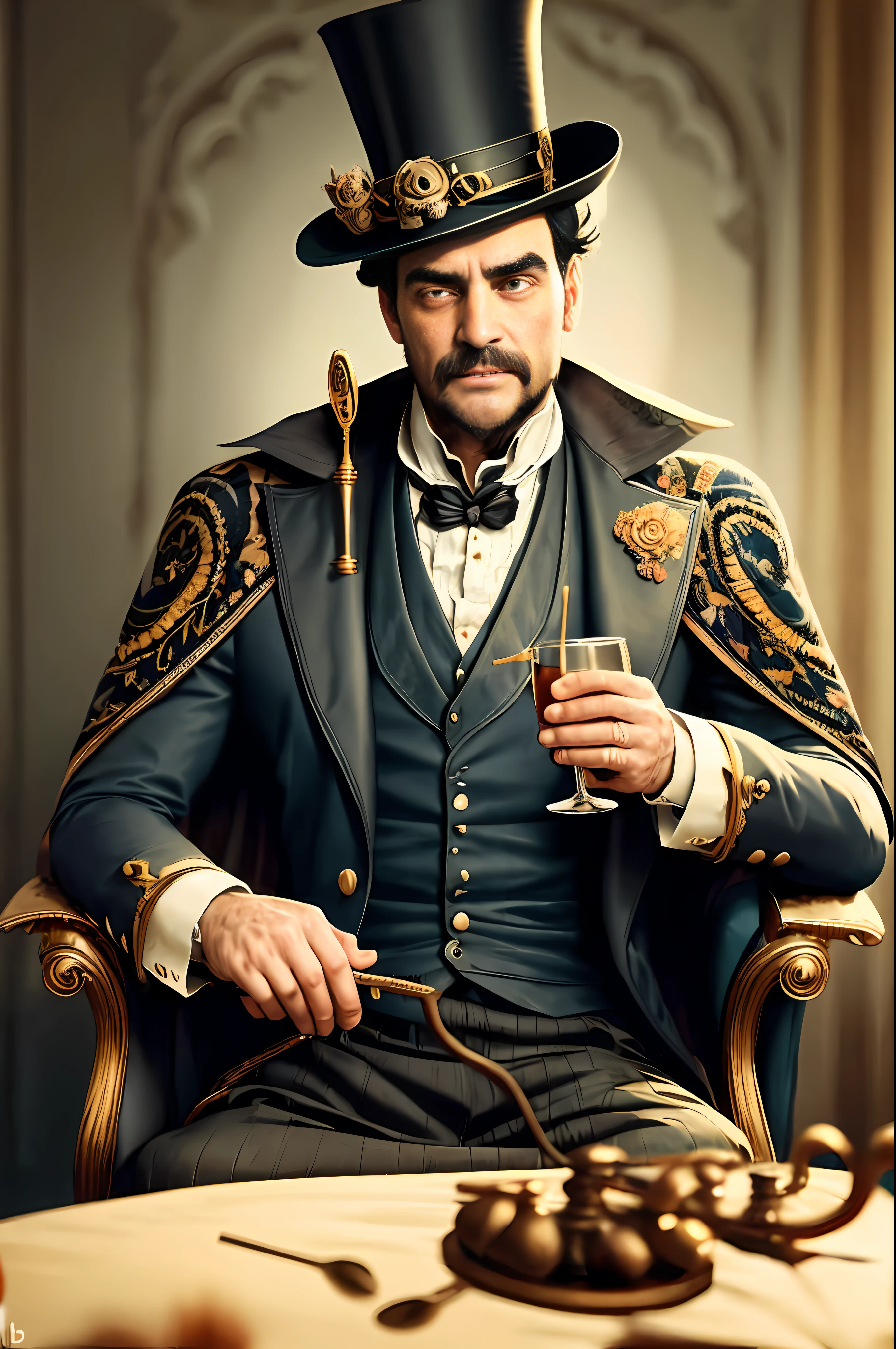 A serious man in nineteenth-century social clothes, with top hat and cape, bright eyes and a cane with skull, sitting at the table having a drink while the room burns, realistic, photorealistic. 8k uhd