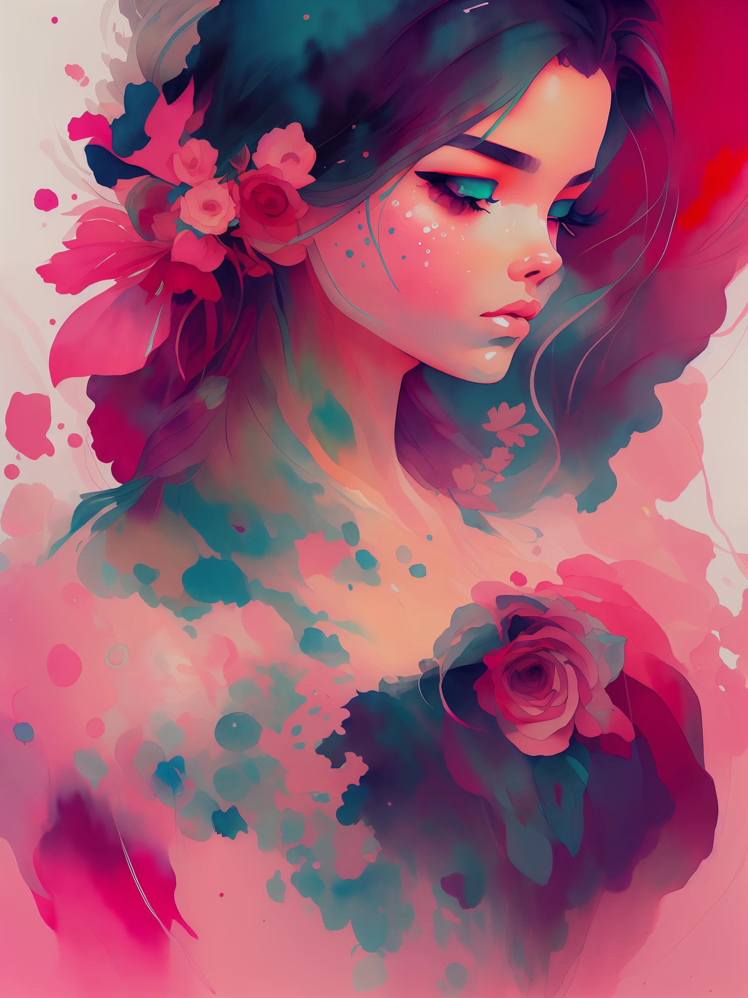 wtrcolor style, (rose) digital art, official art, blown by the wind, masterpiece, beautiful, ((watercolor)), paint splatter, intricate detail. Great detail, [dripping:0.7], Trending on Artstation, Rachel Walker