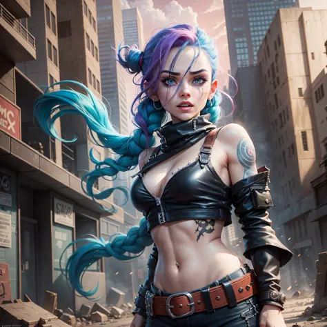 ((Best quality)), ((masterpiece)), (highly detailed:1.3), woman with blue hair and posing for a photo, jinx of Arcane, jinx of League of Legends, portrait of jinx of Arcane, jinx arcane, jinx expression, jinx, samira of League of Legends, vi of Arcane, fac...