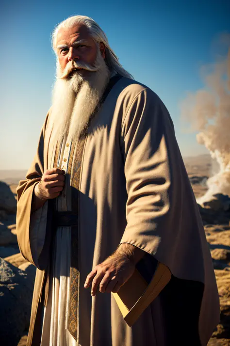 1 man,prophet, robe, old, long white beard, long white hair, wind, magic, fire, smoke, dust
(highest quality: 1.3), cinematic ph...