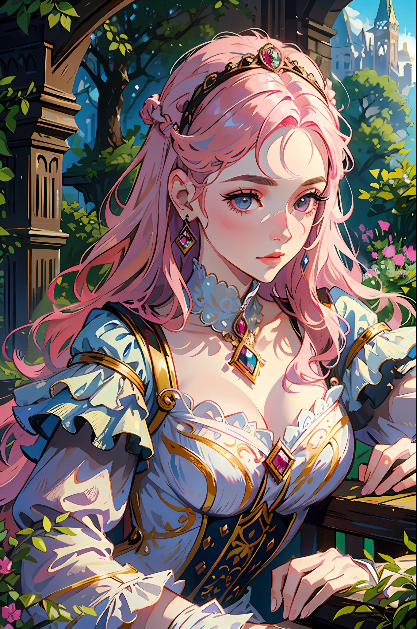 masterpiece, best quality, 1woman, mature, adult, different fashion, different color, finely detailed eyes and detailed face, intricate details, happy, fantasy, 18th-century European aristocratic style, noble, garden, baroque, woman with pink hair, delicate