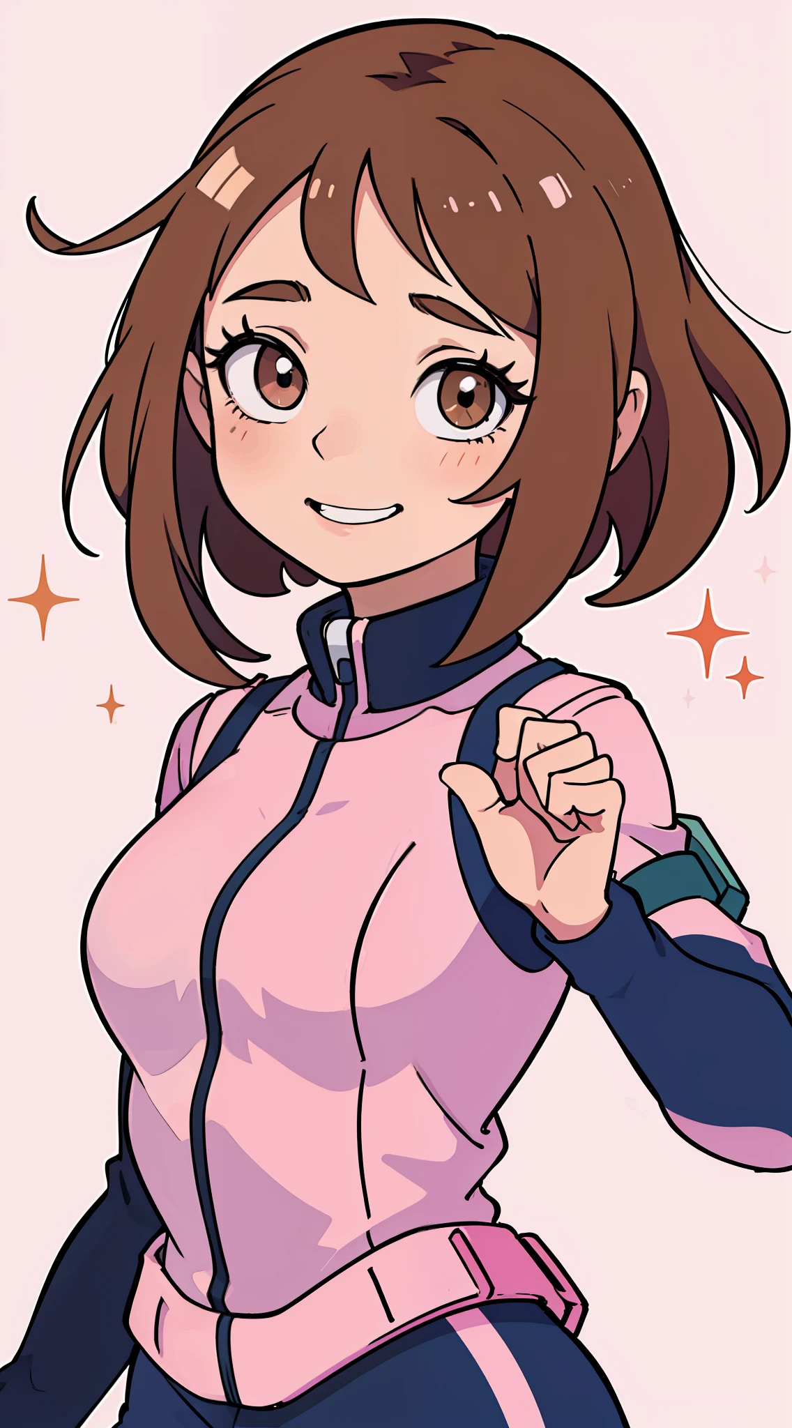 Una caricatura de una mujer con una chaqueta rosa y pantalones negros（ uraraka ochako) - SeaArt AI