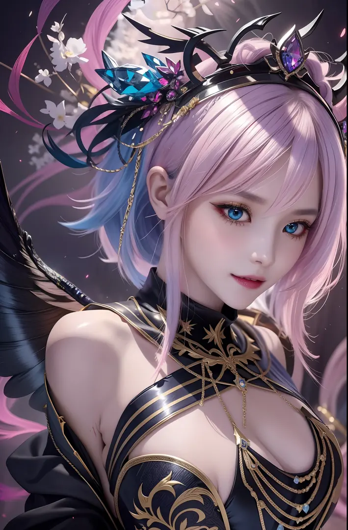 Masterpiece, top quality, pink hair, blue lightning, realistic, realistic details, high detail. Blue clothes. Blue Thunder. Blue crystal. Black suspended particles. Black smoke. Black crystals around. Black smoke wafts around. Warping the body. Warping the...