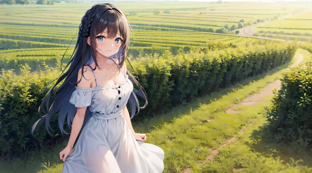 A girl with braids, dressed in an off-the-shoulder Sundress, stands in a rural field. She has a gentle smile, expressive eyes and sexy cleavage. In the background is a green rice field with a clear blue sky. Bask in warm golden time, soft depth of field an...