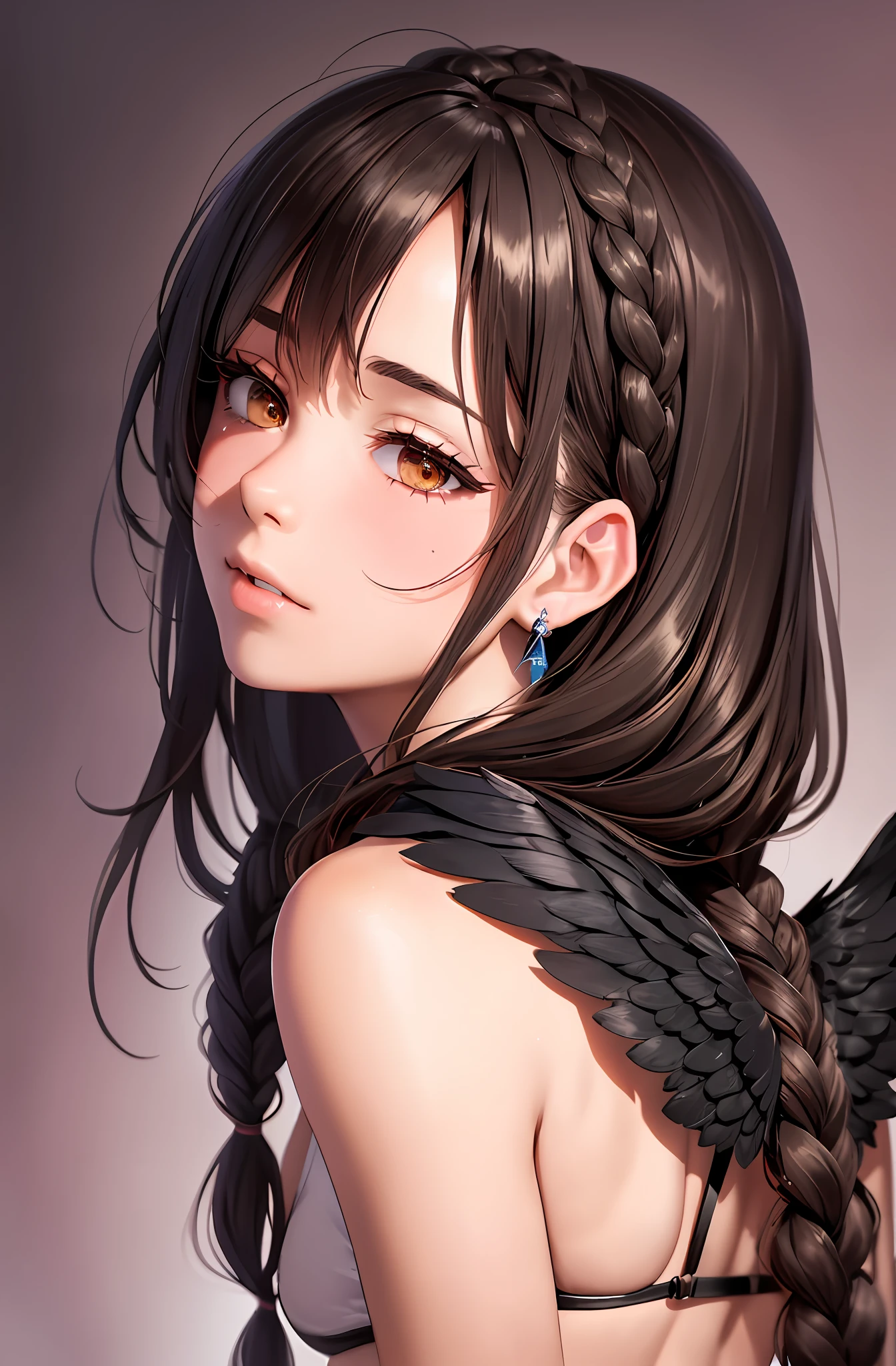 Top quality, ultra high resolution, (photorealistic: 1.4), attractive face. Model face. Thin. Bikini, beautiful details, brown hair. Big tits. Miniskirt. Earring. On the back large wings. Brown hair in braids, long braid hair, brown hair in braids, black feathers on the back. Devil's wings. Close one’s eyes. Close your eyes and kiss. Close your eyes. Close your eyes and kiss. Pressing for a kiss. Kissing face. Embarrassing face. Blush. Kiss embarrassedly. Perspective from above. In the room. Sweat. Close the eyelids. Close your eyes and ask for a kiss.