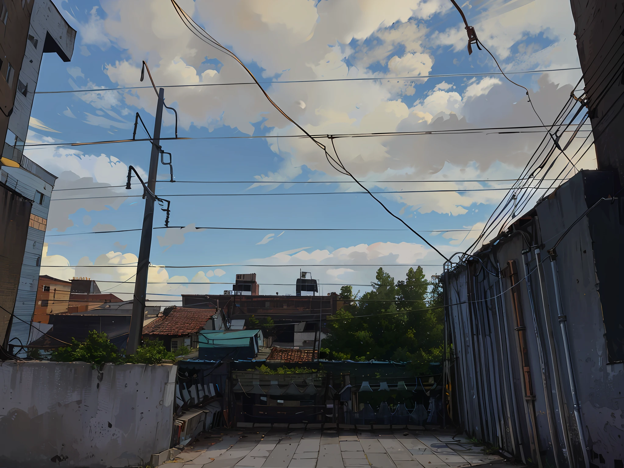 there is a view of a street with a building and power lines, wires hanging above street, wires everywhere, wires in background, overhead wires, wires hanging down everywhere, wires flying in the air, wires hanging, telephone wires, tangled overhead wires, machines and wires everywhere, wires, so many wires, many wires, in a rooftop, wires and lights, cables everywhere