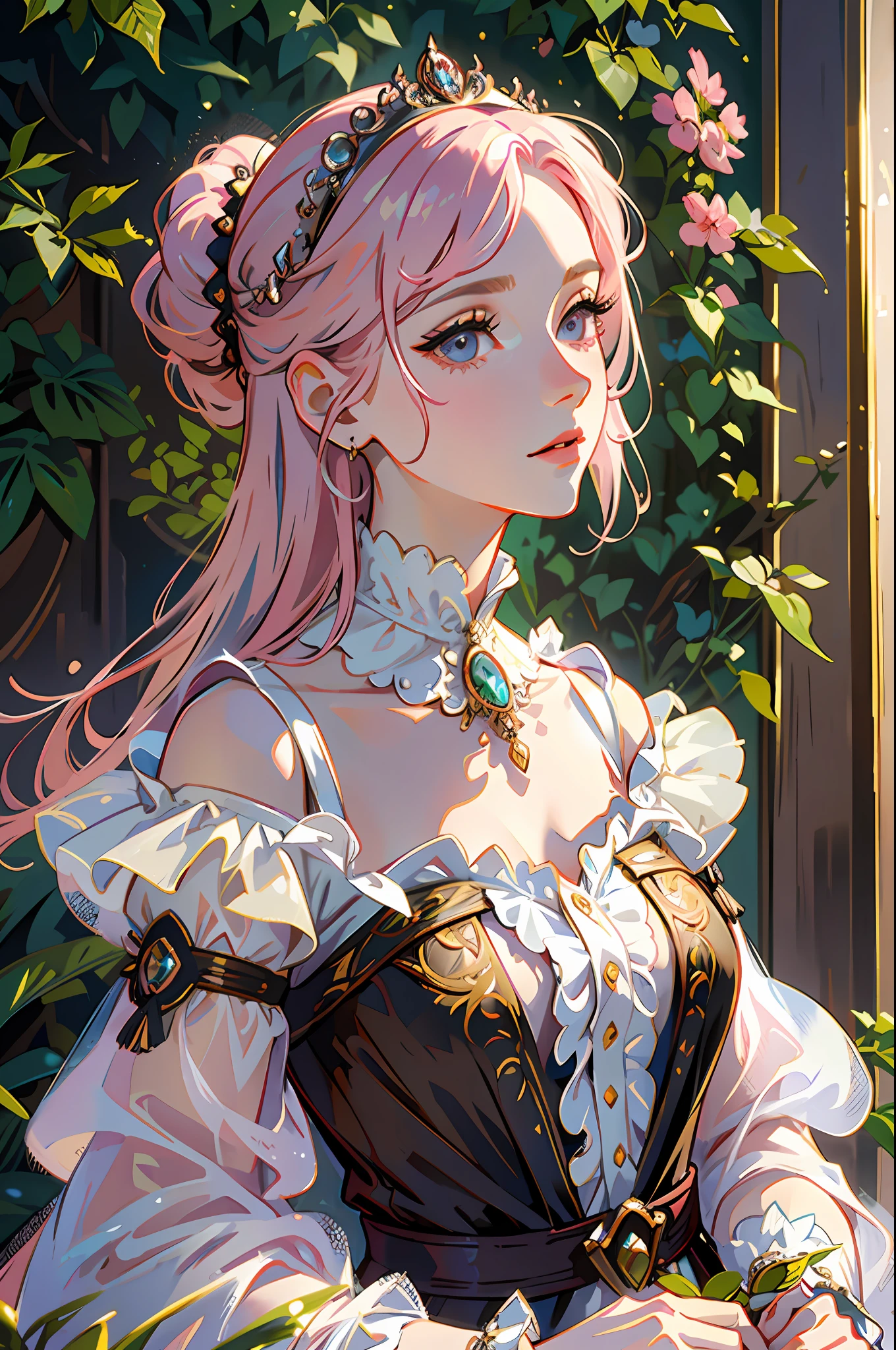 masterpiece, best quality, 1woman, mature, adult, different fashion, different color, finely detailed eyes and detailed face, intricate details, happy, fantasy, 18th-century European aristocratic style, noble, garden, baroque, woman with pink hair, delicate