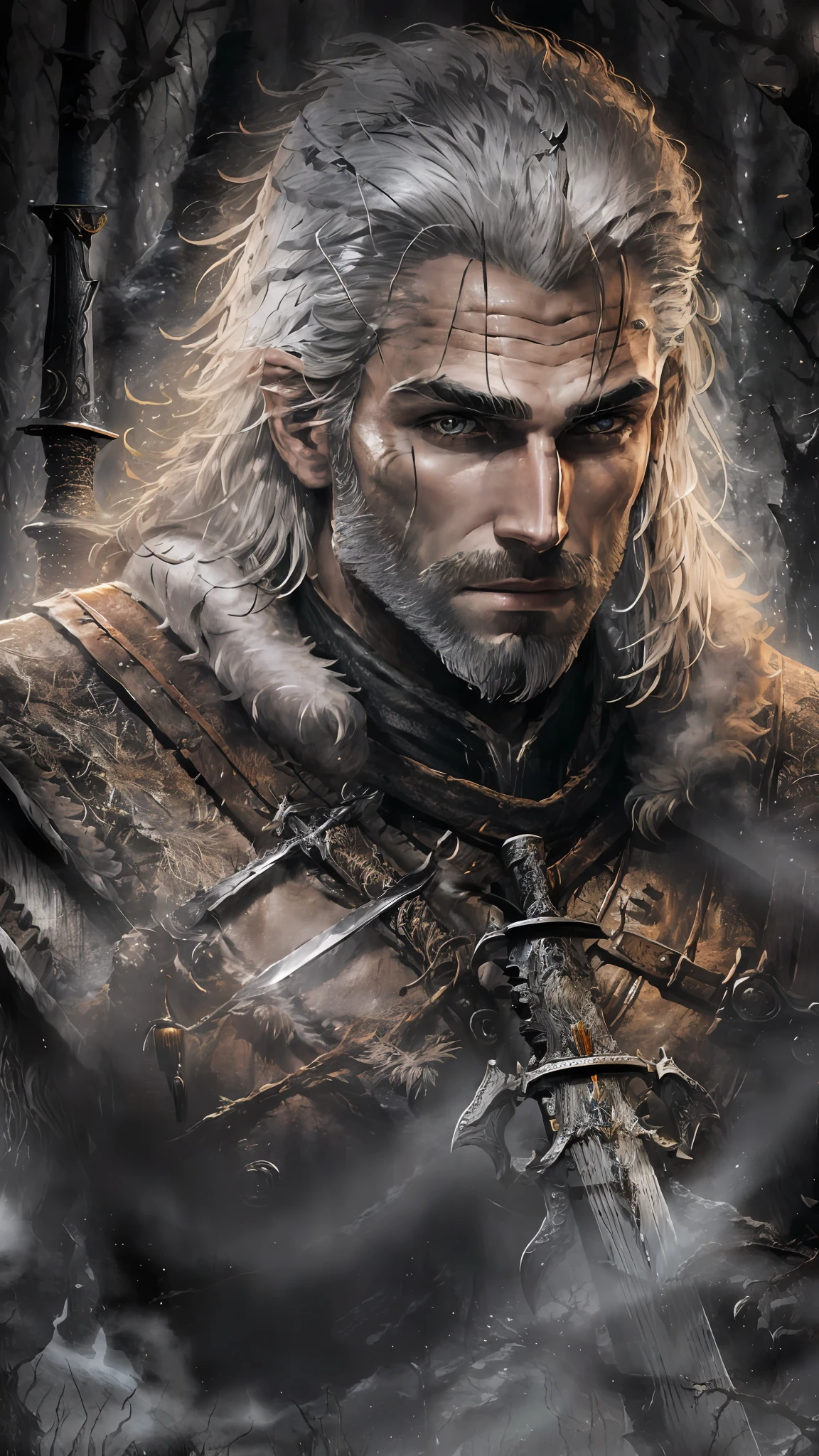 Closeup portrait of man (white) with big gray hair, Gerald de rivia style hunter costume (the witcher 3), Man with muscular silhouette, handle of two swords on the back, orange neon colored eyes, Gerald of rivia, imposing posture, background of a forest at night, dark and terrifying forest.