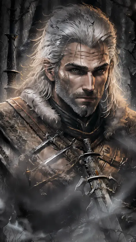 Closeup portrait of man (white) with big gray hair, Gerald de rivia style hunter costume (the witcher 3), Man with muscular silhouette, handle of two swords on the back, orange neon colored eyes, Gerald of rivia, imposing posture, background of a forest at...