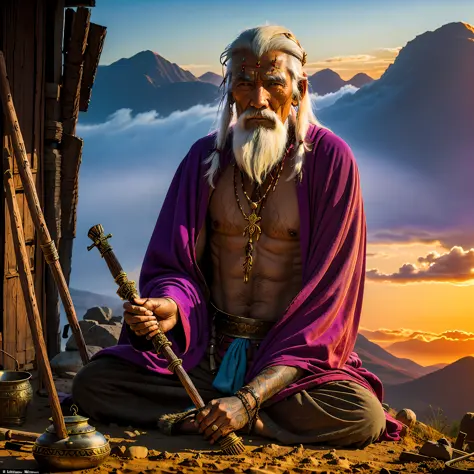 at dusk, the elderly white-haired mongolian shaman sat cross-legged on the wasteland and looked into the distance, the incense b...