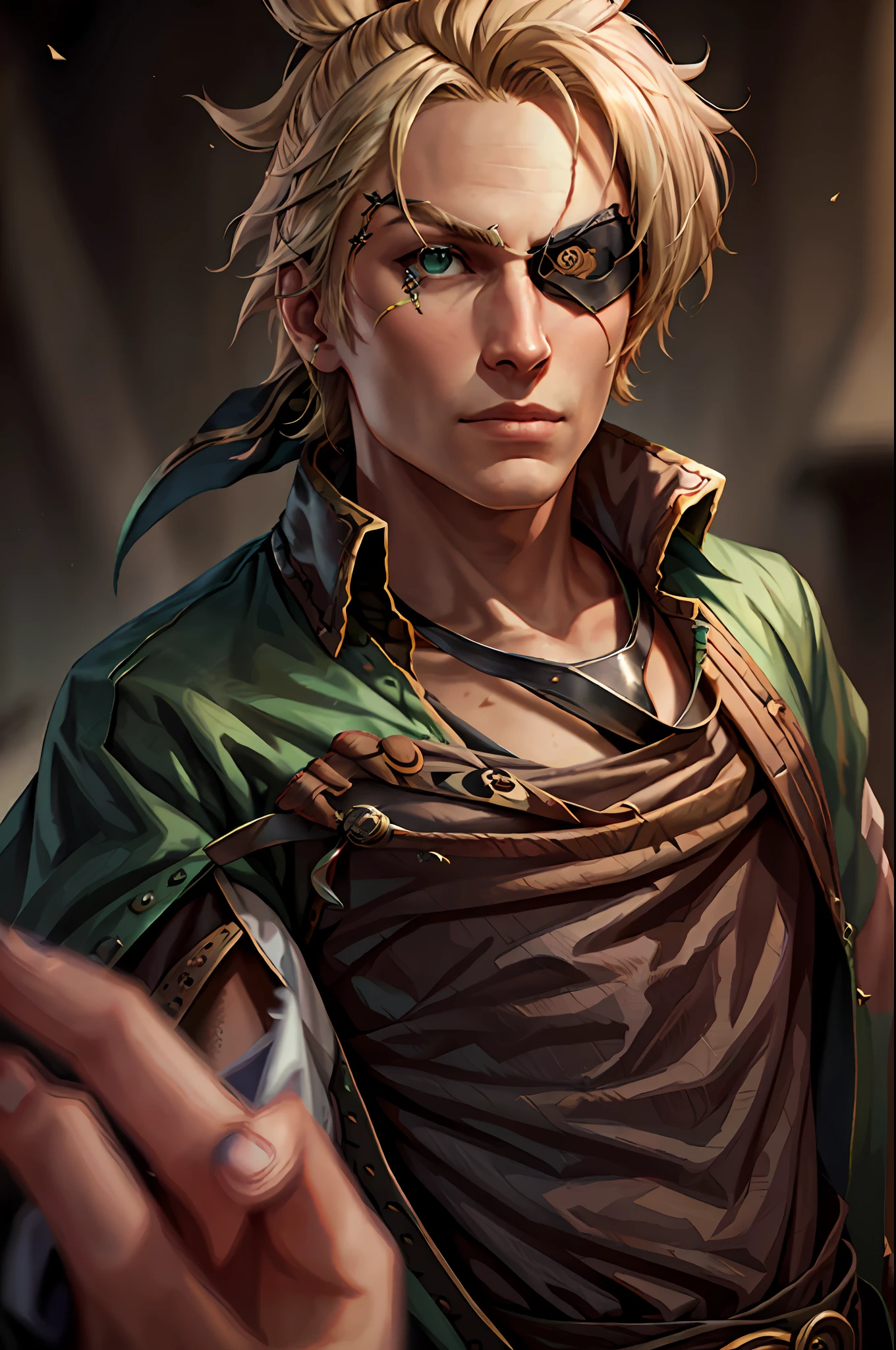 Homem pirata cabelo loiro olhos verdes tapa-olho