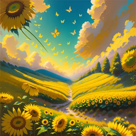 In this sunny landscape, you find yourself in a wide field of vibrant and lush sunflowers. The golden and yellow hues of sunflow...