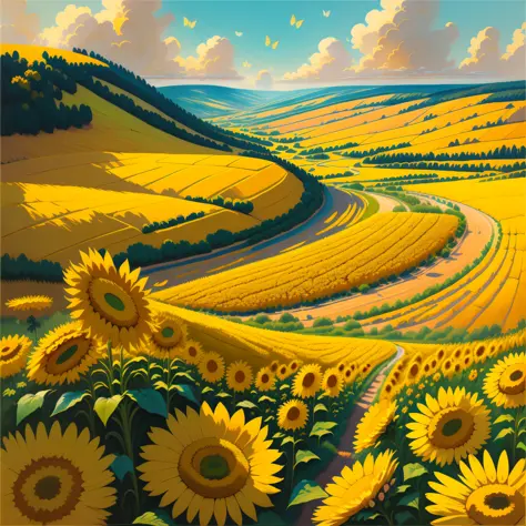 In this sunny landscape, you find yourself in a wide field of vibrant and lush sunflowers. The golden and yellow hues of sunflow...