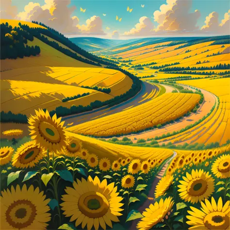 in this sunny landscape, you find yourself in a wide field of vibrant and lush sunflowers. the golden and yellow hues of sunflow...