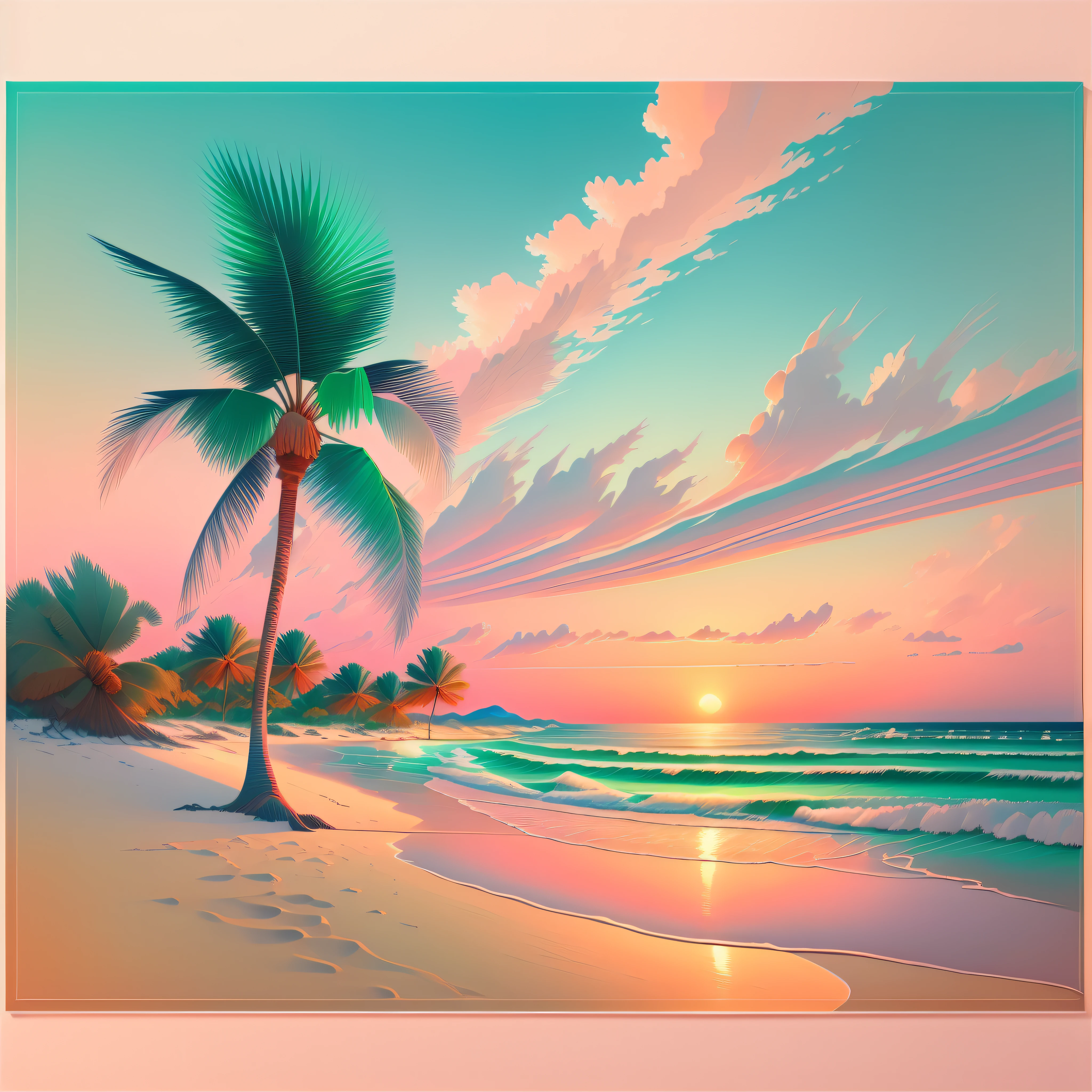 Imagine yourself on a quiet beach, where the crystal clear waters of the sea reflect soft shades of blue and green. The waves break gently on the soft white sand, creating a soothing melody. The sky is painted in shades of pink and orange as the sun slowly sets on the horizon. In the distance, palm trees sway gently in the gentle breeze. The air is fresh and salty, bringing a sense of serenity and inner peace. This landscape invites you to relax, disconnect and find tranquility amidst nature.