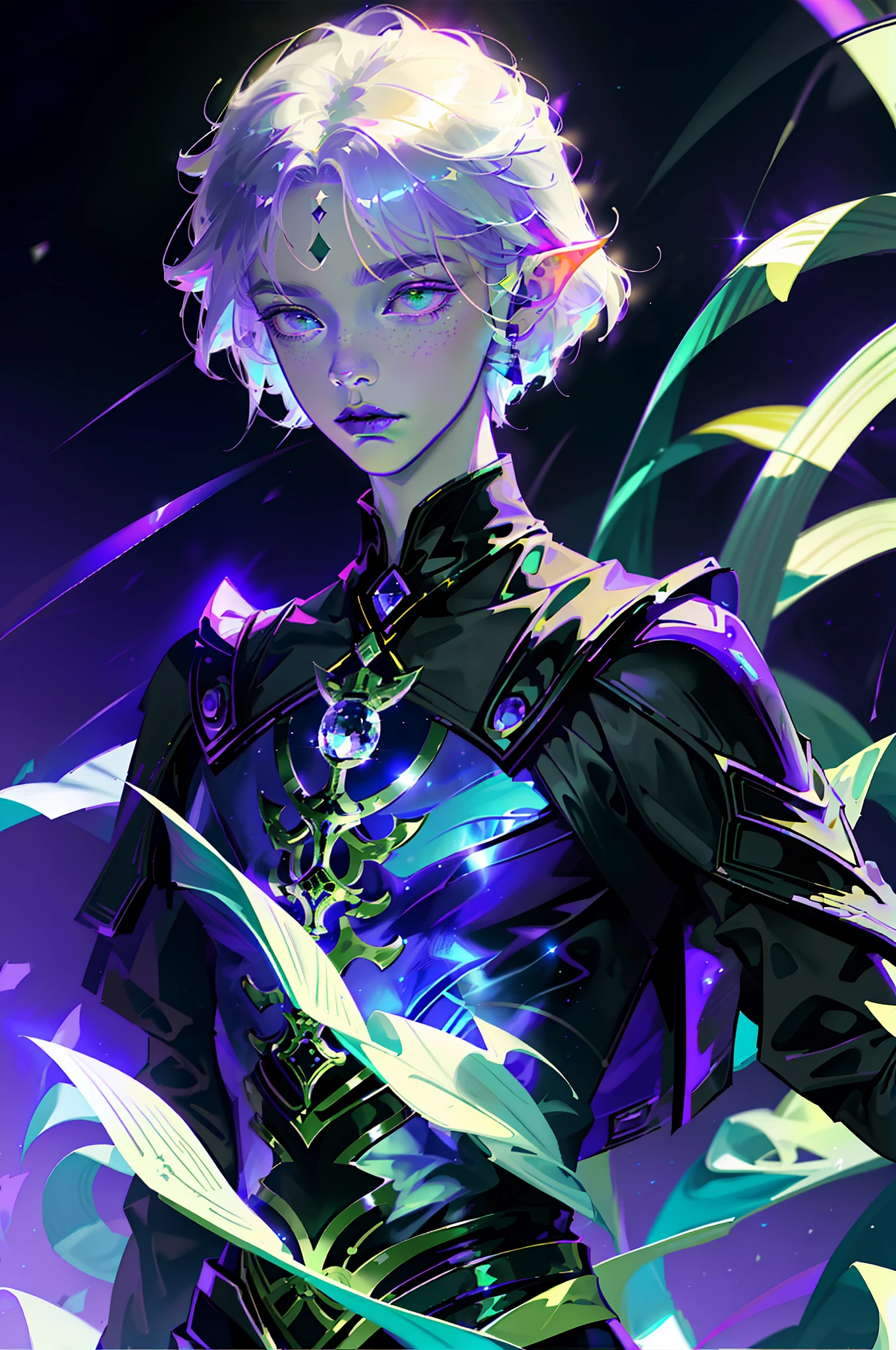 masterpiece, high resolution, high quality, intrincated details, A male elf, magic particles, night landscape, wearing black shiny clothe, purple hair, green eyes, milky skin, innocent expression, soft vine, stars, fantasy