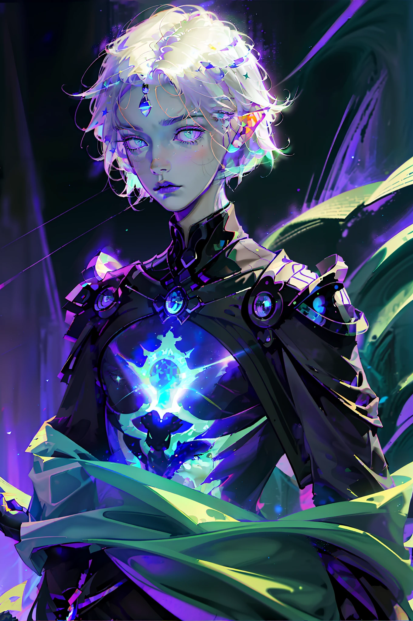 masterpiece, high resolution, high quality, intrincated details, A male elf, magic particles, night landscape, wearing black shiny clothe, purple hair, green eyes, milky skin, innocent expression, soft vine, stars, fantasy