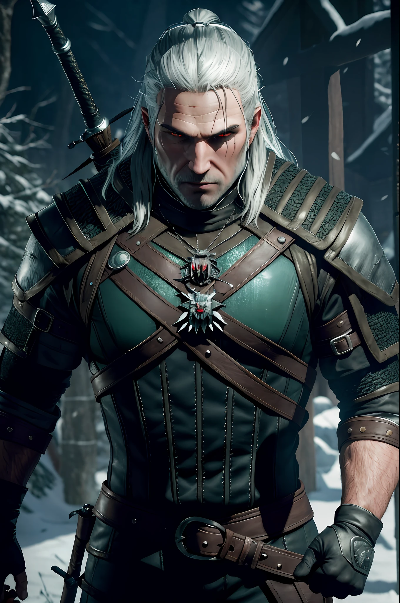 The witcher 3, Gerald of rivia, realistically, dynamic lights, old, full footage, black and silver costumes, a silver pendant in wolf shape, (extremely detailed 8k wallpaper of the CG unit), imposing pose, perfect hands, four fingers and a thumb, trend in ArtStation, trend in CGSociety, high detail, sharp focus, dramatic, photorealistic.