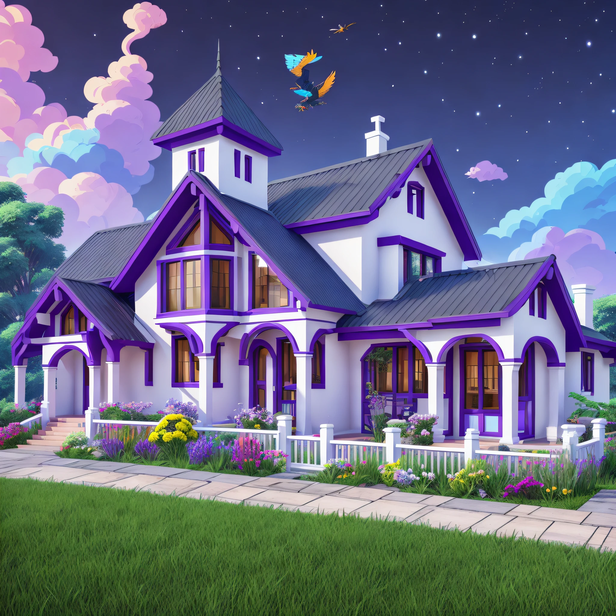 diseño, Bonita casa, estilo juego de rol, colina detrás, Otras casas en la colina, Chimenea de humo, Griffin volando, espátula acrílica, Cielo con colores vibrantes, morado real, azul y blanco real, 4k, colores vibrantes --auto --s2