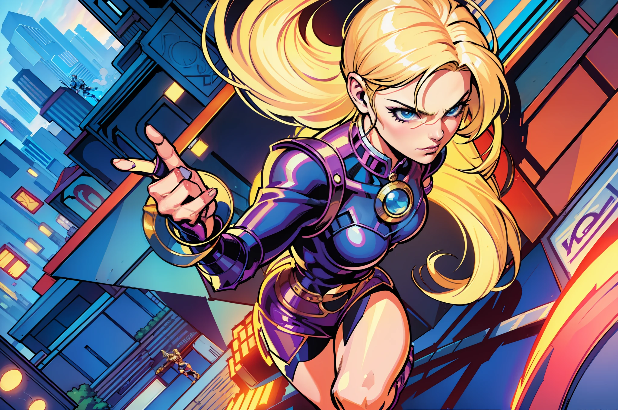 (a blonde heroine landing on a busy street:1.2), (high quality, super detailed, branded by Stan Lee, Jim Lee and Joe Bennet), Super Fantasias-Blue and white trademarked hero, (, a fearless look), (League of legends style comics), with a modern city backdrop, (busy streets, tall buildings, ).