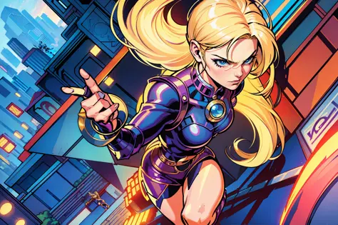 (a blonde heroine landing on a busy street:1.2), (high quality, super detailed, branded by Stan Lee, Jim Lee and Joe Bennet), Su...