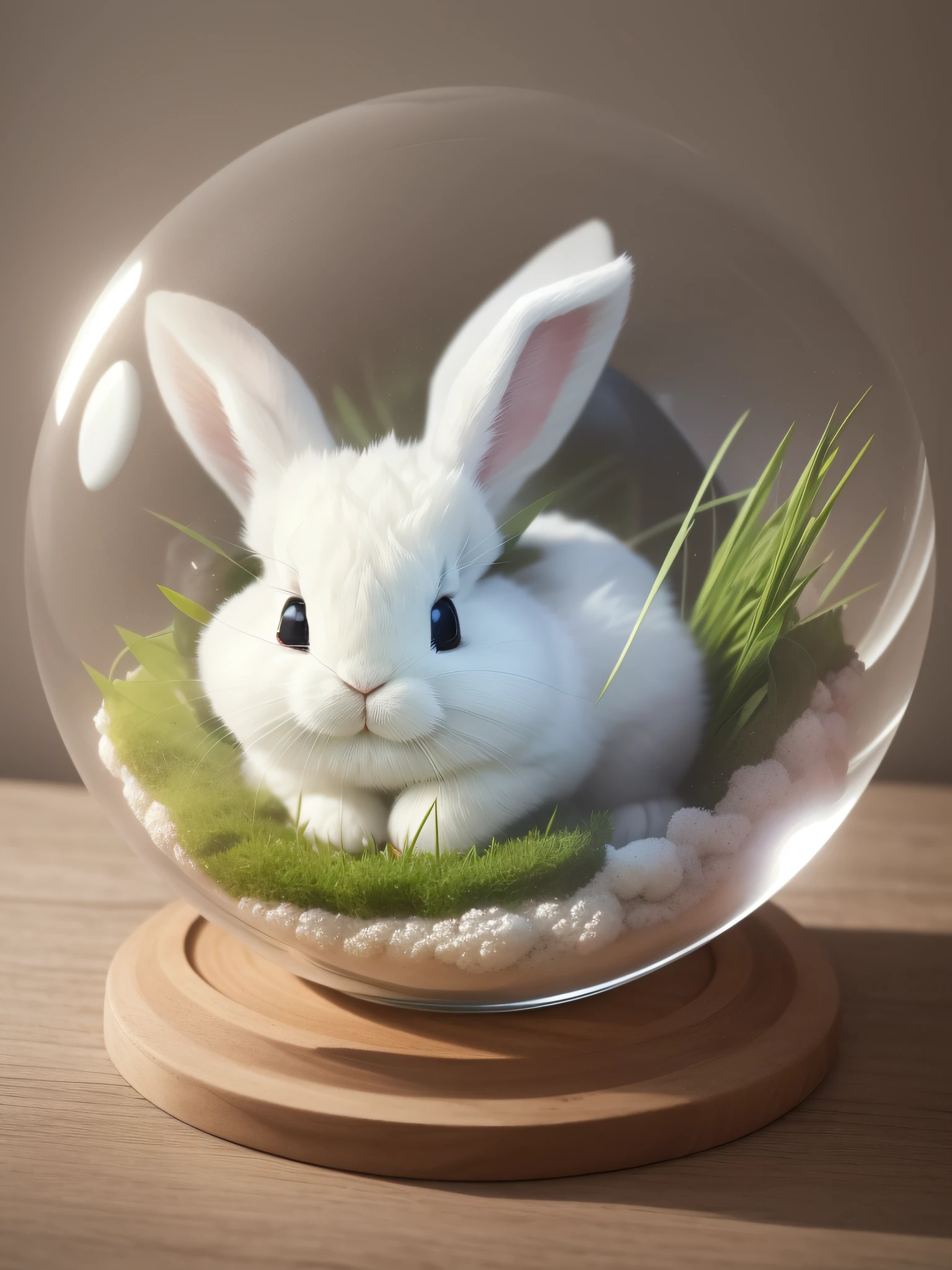 This is a glass sphere with a cute fluffy rabbit inside, the rabbit is white and fluffy and chews grass, happy cute white rabbit inside the sphere, fantastic lighting, ((masterpiece)), best quality, beautiful art, photorealism