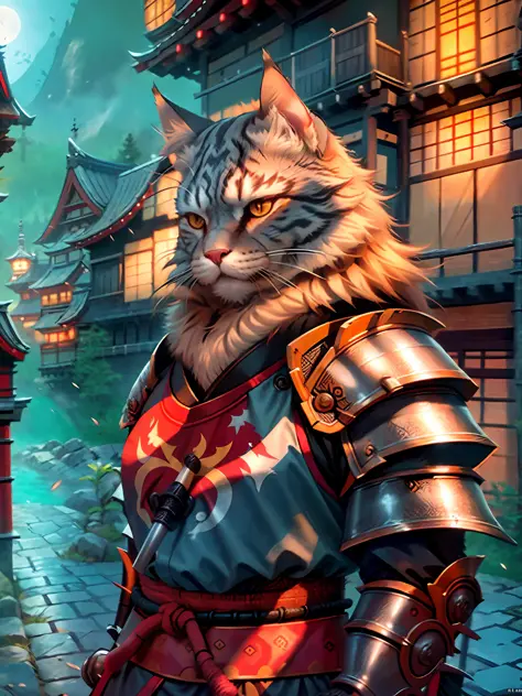 c4ttitude, samurai, watchful, almond-shaped eyes, furrowed brow, sleek fur, warrior, disciplined, focused, armored kimono, guard...