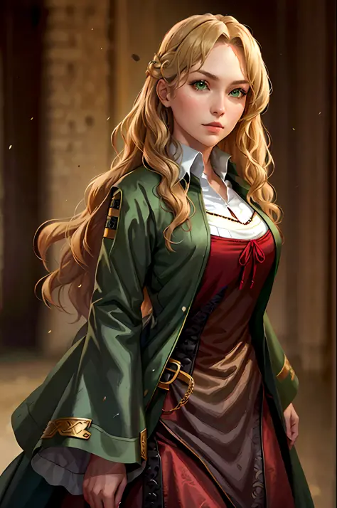 Blonde woman, green eyes, medieval dress, wavy hair