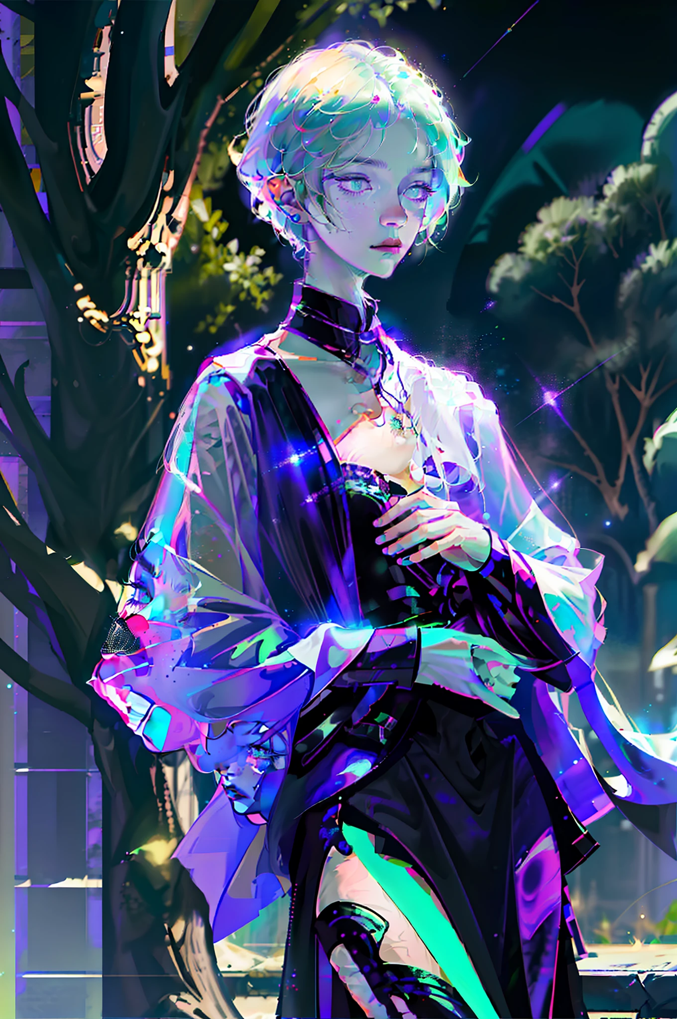 Masterpiece, high resolution, high quality details, intrincated details, 8k, A male elf, magic particles, night landscape, wearing black shiny clothe, purple hair, green eyes, milky skin, innocent expression,
