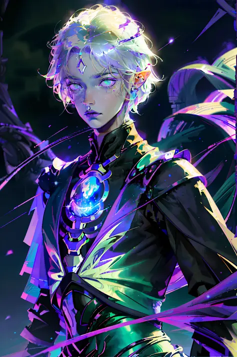 masterpiece, high resolution, high quality, intrincated details, A male elf, magic particles, night landscape, wearing black shi...