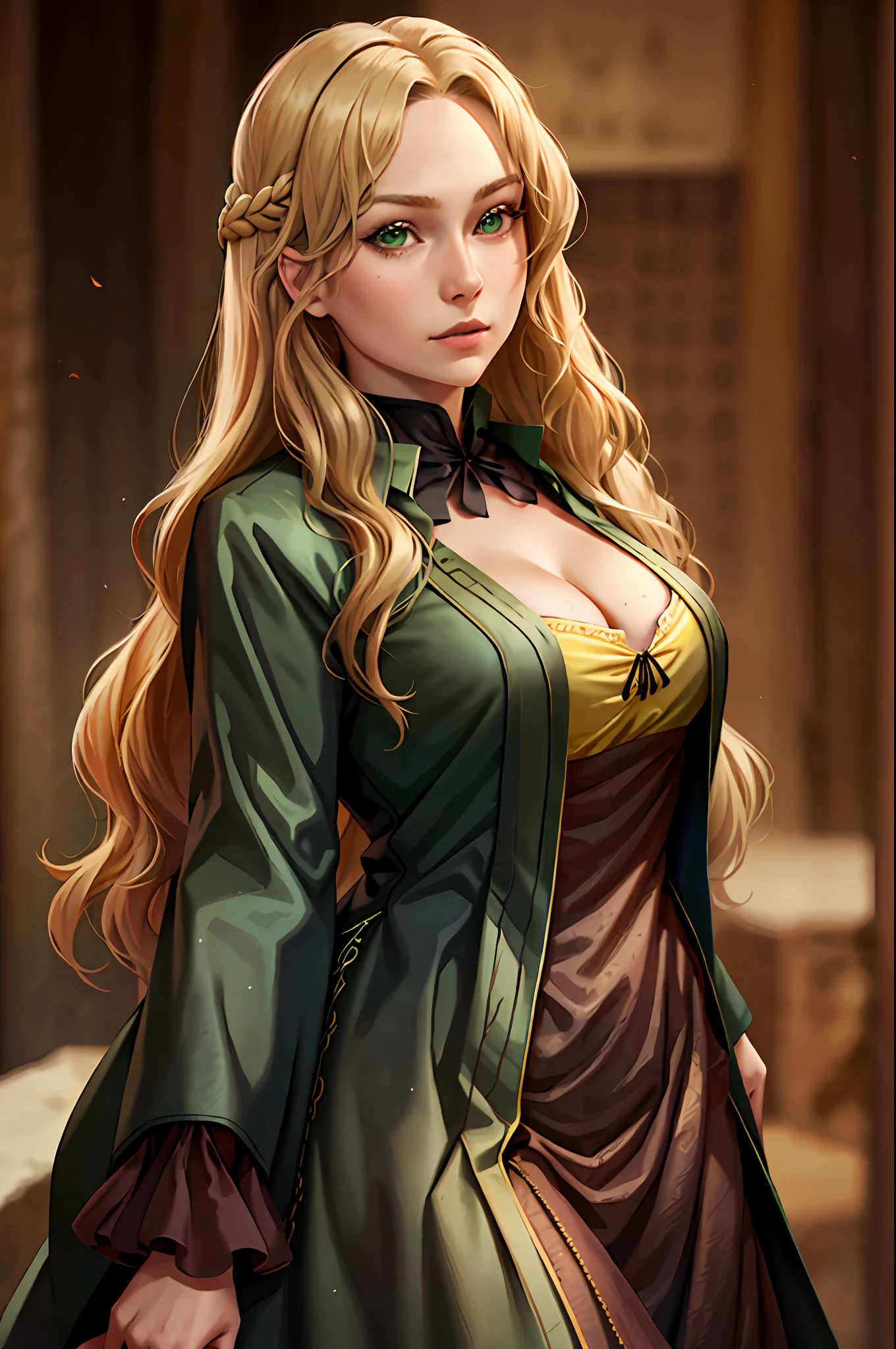blonde Frau, grüne Augen, mittelalterliches Kleid, welliges Haar