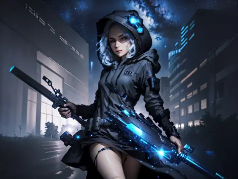 Masterpiece, best quality, 4k, lock, starry sky, stars\(sky\), cover, hair ribbon, thick legs, strong change, (body:1.3), hood, ...