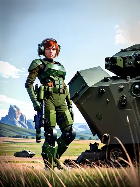 (warzone:1.2), award winning (full body:0.8) (portrait photo:1.1) of a female (sci-fi soldier:1.3) wearing helmet, beside an (ar...