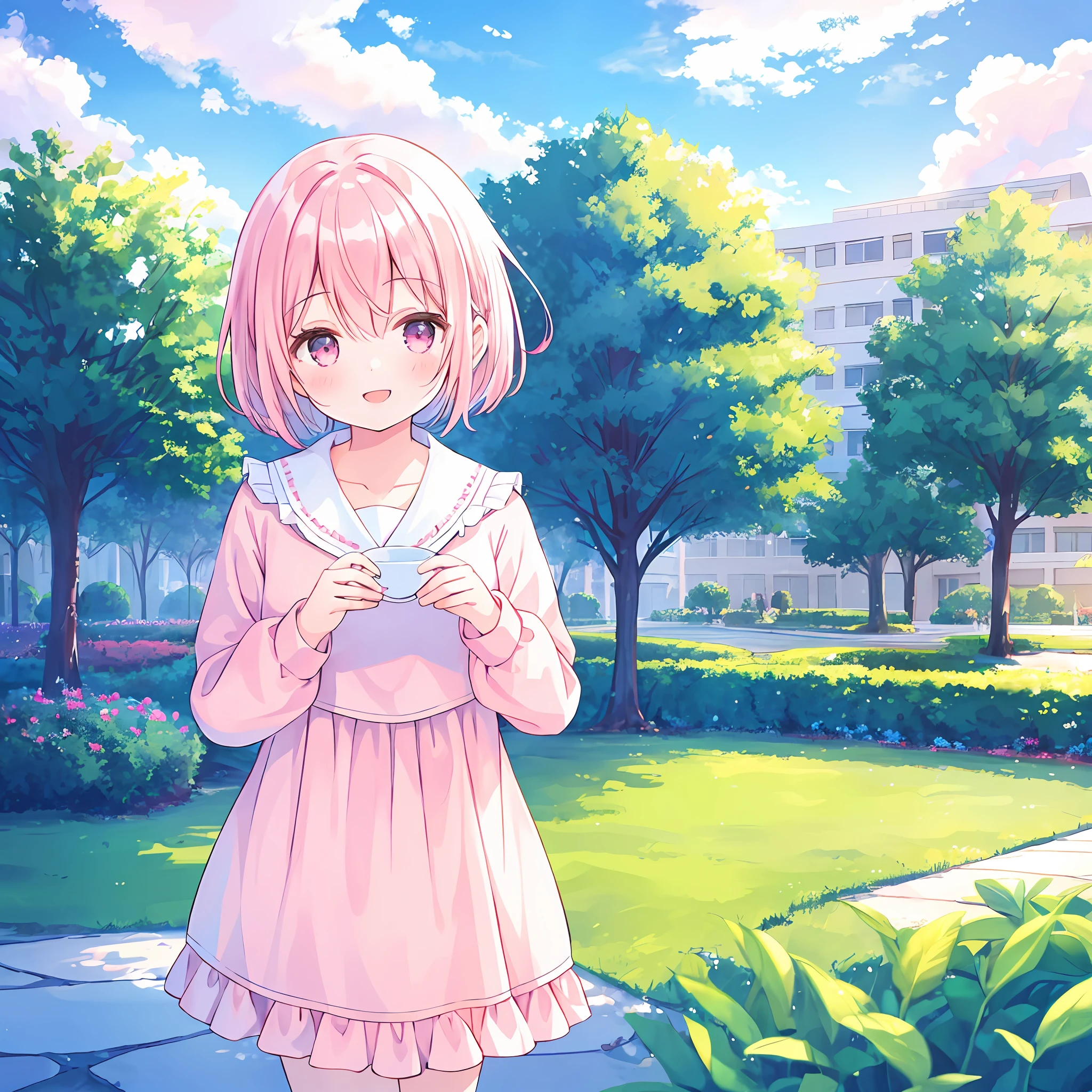 One girl, solo, top quality, super detailed, , (happy: 1.4), smile, pink hair, medium hair, white blouse, jumper skirt, morning park, cloudy sky