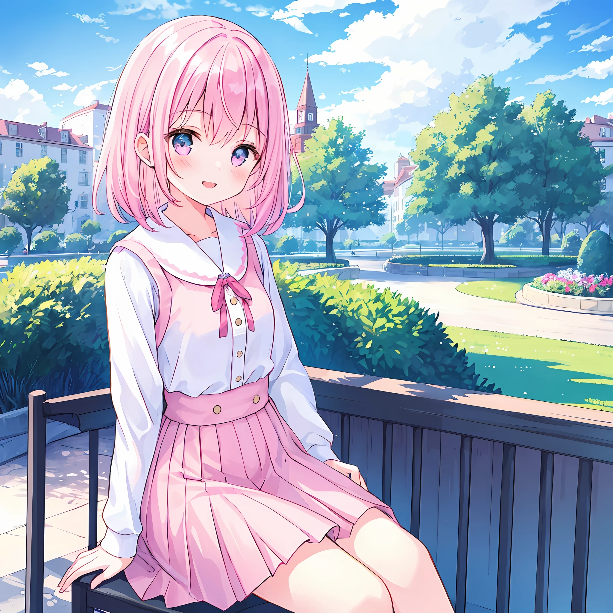 One girl, solo, top quality, super detailed, , (happy: 1.4), smile, pink hair, medium hair, white blouse, jumper skirt, morning park, cloudy sky