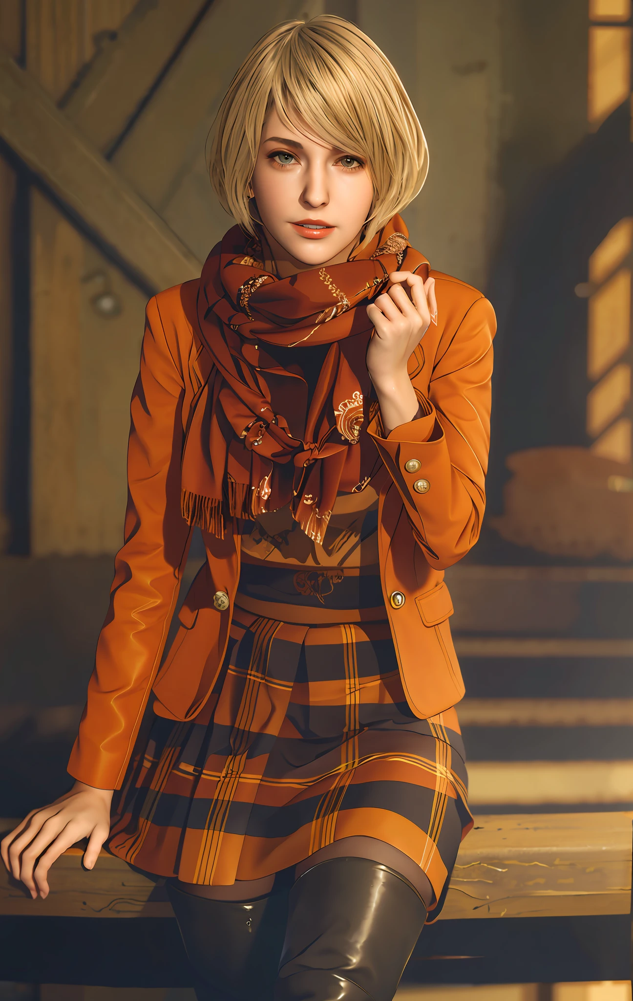 Closeup Short hair blonde woman, in a facundade, best quality, extremely detailed face, perfect lighting, 1girl, blonde, re4ashley, orange jacket, orange scarf, black plaid skirt, pantyhouse, boots, solo