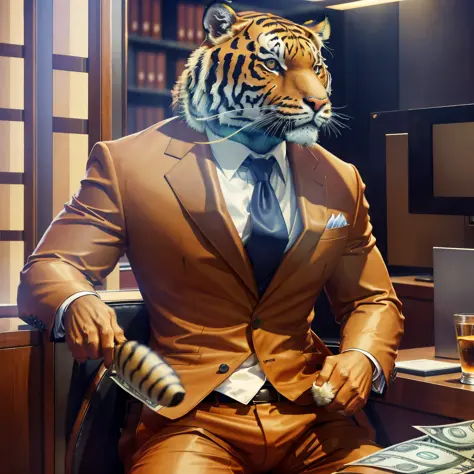 tiger suit holding money, among a luxury office, 8k resolution, high color highlighting, suit details, tiger fur detailed, money...